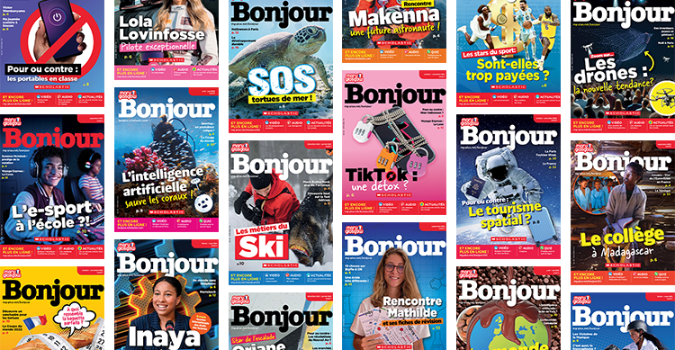 Collage of multiple colorful covers of the French magazine Bonjour